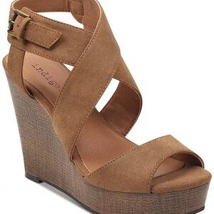 INDIGO RD. tan suede strappy platform sandals, 4" wedge, sz 10